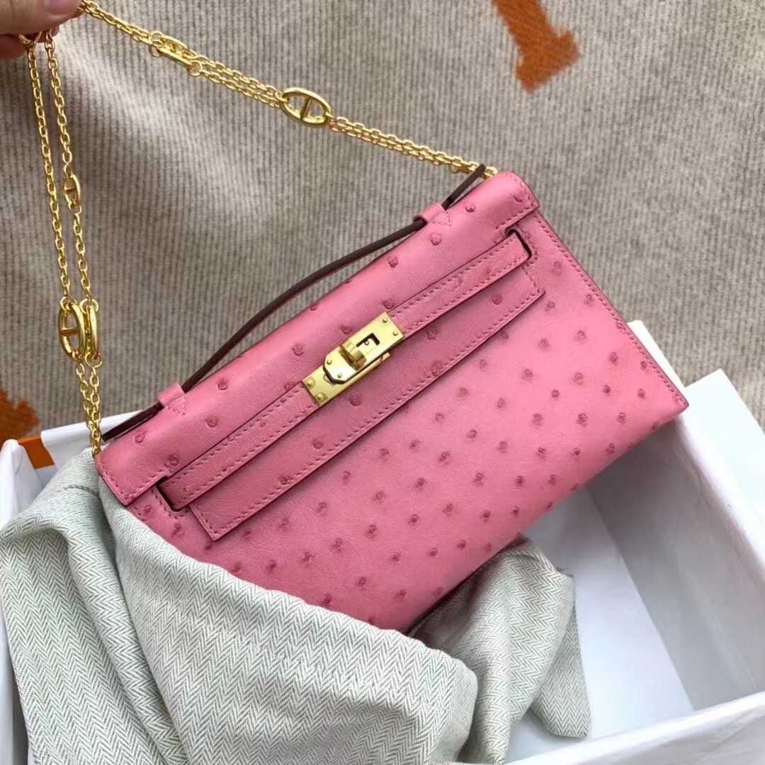 에르메스 미니 켈리백22 사쿠라 핑크 금장 타조가죽